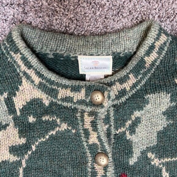 90s Vintage Susan Bristol Shetland Wool Cardigan Sweater Christmas Holly Size XL - Picture 3 of 11
